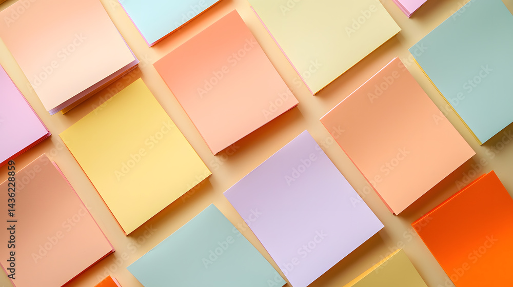 Fototapeta premium Organized sticky notes in harmonious hues creative workspace visual composition bright environment top-down perspective