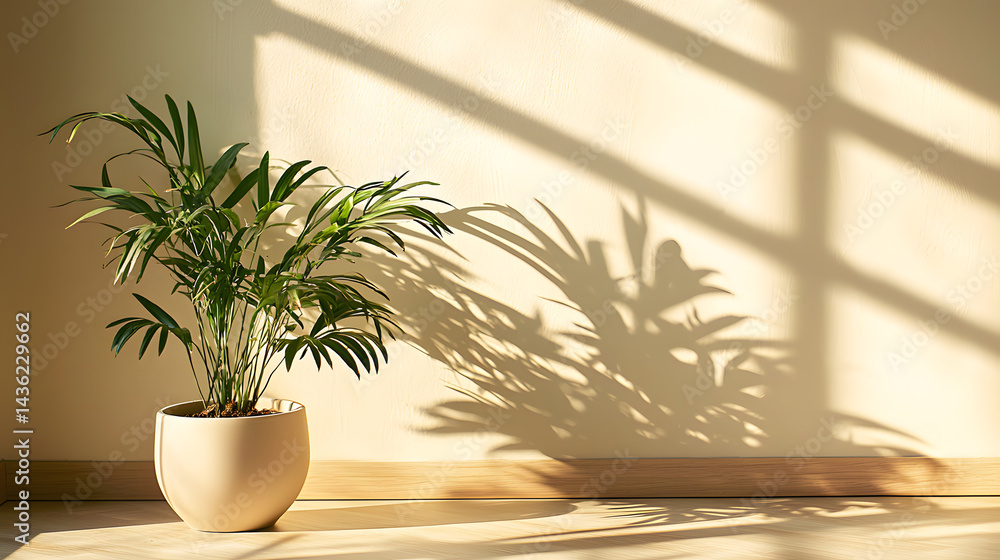 Fototapeta premium Potted plants casting shadows on wall indoor space nature photography soft natural light close-up view tranquil atmosphere