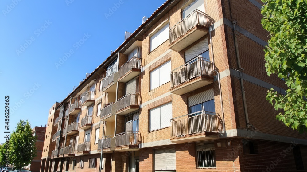 Obraz premium Modern Apartment Building Facade with Balconies and Lush Greenery on a Sunny Day