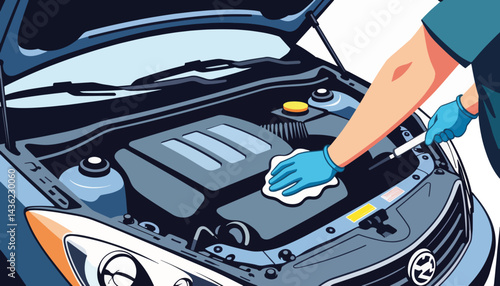 Detailing car engine with tools for optimal performance, automotive care