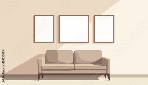 Minimalist sofa with blank frames on light wall, cozy decor concept