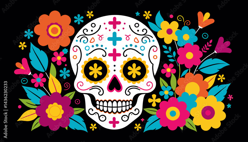 Day of the Dead Skull Surrounded by Vibrant Flowers_Celebrate Dia de los Muertos with this Colorful Sugar Skull Illustration_Perfect for Mexican Holiday Decor Day of the Dead Skull Surrounded by Vibrant Flowers_Celebrate Dia de los Muertos with this Colorful Sugar Skull Illustration_Perfect for Mexican Holiday Decor