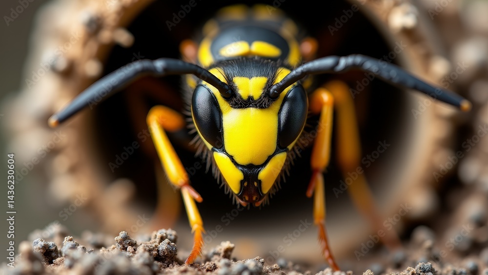 Fototapeta premium Yellow Jacket Wasp Emerging From Nest