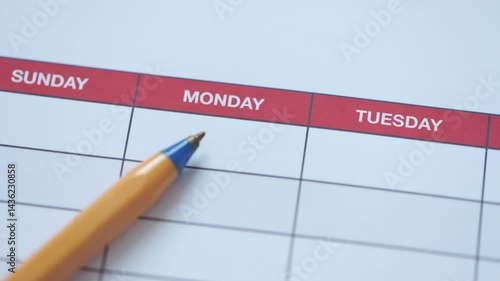 A weekly schedule with a ballpoint pen lying on it. Close up.