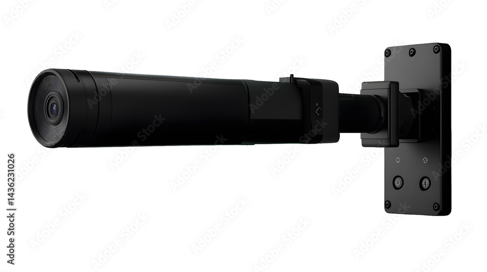 A sleek, black camera mounted on a dark wall bracket, against black background A sleek, black camera mounted on a dark wall bracket, against black background