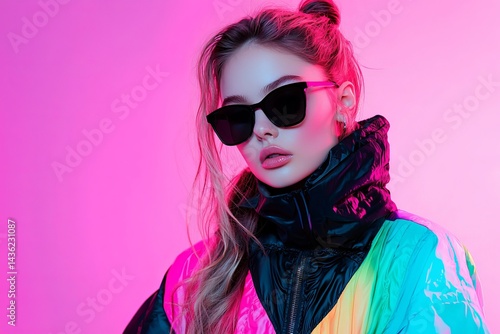 Wallpaper Mural The futuristic woman, dressed in the latest sci-fi fashion trends, sports bold sunglasses and is set amidst a striking duotone lighting arrangement Torontodigital.ca