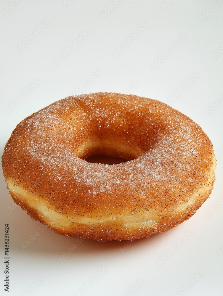 bakery concept. A single cinnamon sugar donut on a white background, showcasing its round shape and textured surface. bakery concept. A single cinnamon sugar donut on a white background, showcasing its round shape and textured surface.