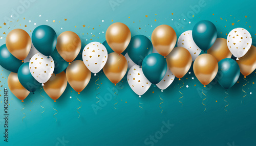 Celebration Balloons Teal Gold and White Festive Background_Birthday Party Balloons Decoration_Elegant Celebration_Balloons with Confetti_Festive Decoration Background