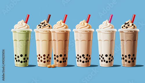 Delicious Boba Tea_A Row of Refreshing Bubble Teas with Tapioca Pearls_Variety of Flavors and Colors_Perfect for Boba Lovers_Quench Your Thirst Today_Drink Concept
