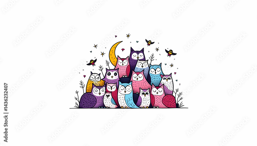 Fototapeta premium A collection of cute owls gathers under the moon, creating a charming and whimsical illustration.