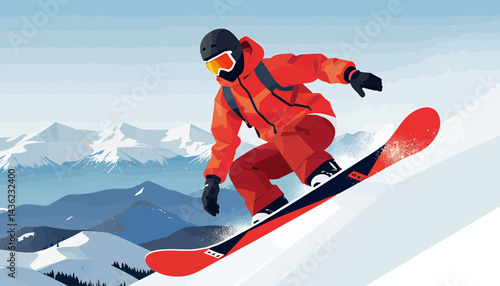 Snowboarder in Action_Winter Sports_Mountain Landscape_Red Jacket_Snowy Slopes_Extreme Sports_Snowboarding Adventure_Outdoor Recreation_Winter Fun_Freeride_Graphic Illustration