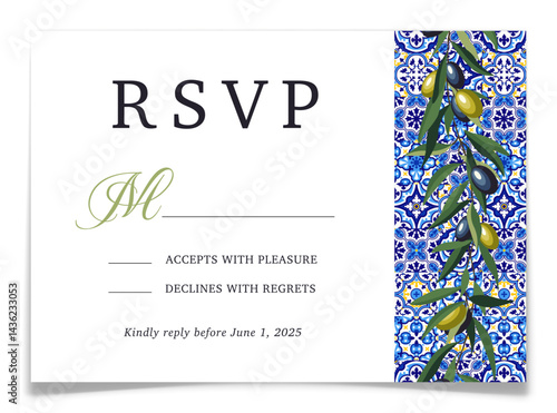 Wedding RSVP card template with blue tiles and olive branches. Mediterranean marriage celebration invitation response postcard. Engagement poster with Italian greenery and azulejo. Vector illustration