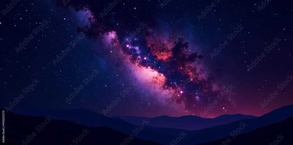 Fototapeta premium Glowing stars shining in the dark night sky with galaxy backdrop, space, cosmos