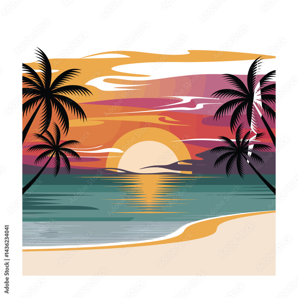 Fototapeta premium Vector Illustration of a Beautiful Beach Sunset with Calm Waves
