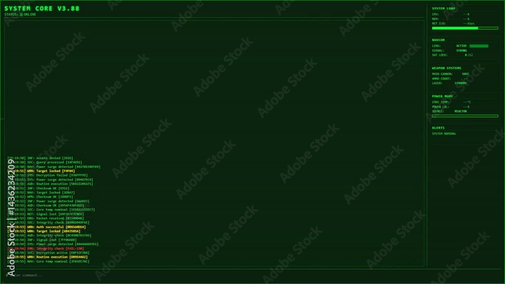 Clear text futuristic military interface. Animated green console screen ...