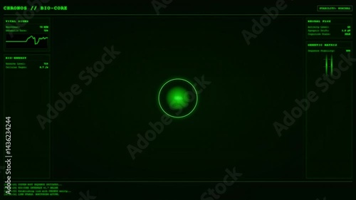 Animated futuristic bio-interface displaying vital signs, EKG graph, DNA strands, and a central pulsing core. Green digital readout with system logs and particle effects.