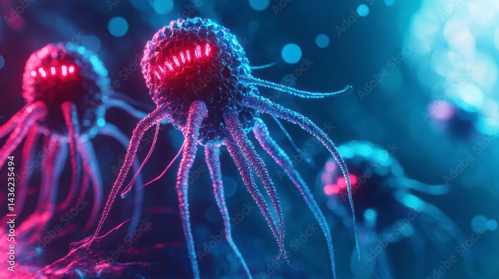 Obraz premium Microscopic view of glowing red and blue cancer cells.