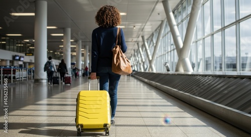 Girl with suitcase at the airport, back view