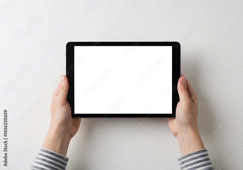 Hands holding blank tablet computer screen mockup Hands holding blank tablet computer screen mockup