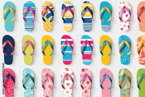 Flipflop colorful pattern clipart set. Multicolored slipper elements clip art for swimming summer beach vacation holiday pair of sandals collection