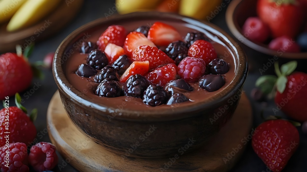A close-up shot of a chocolate pudding bowl topped with various fresh berries. A close-up shot of a chocolate pudding bowl topped with various fresh berries.