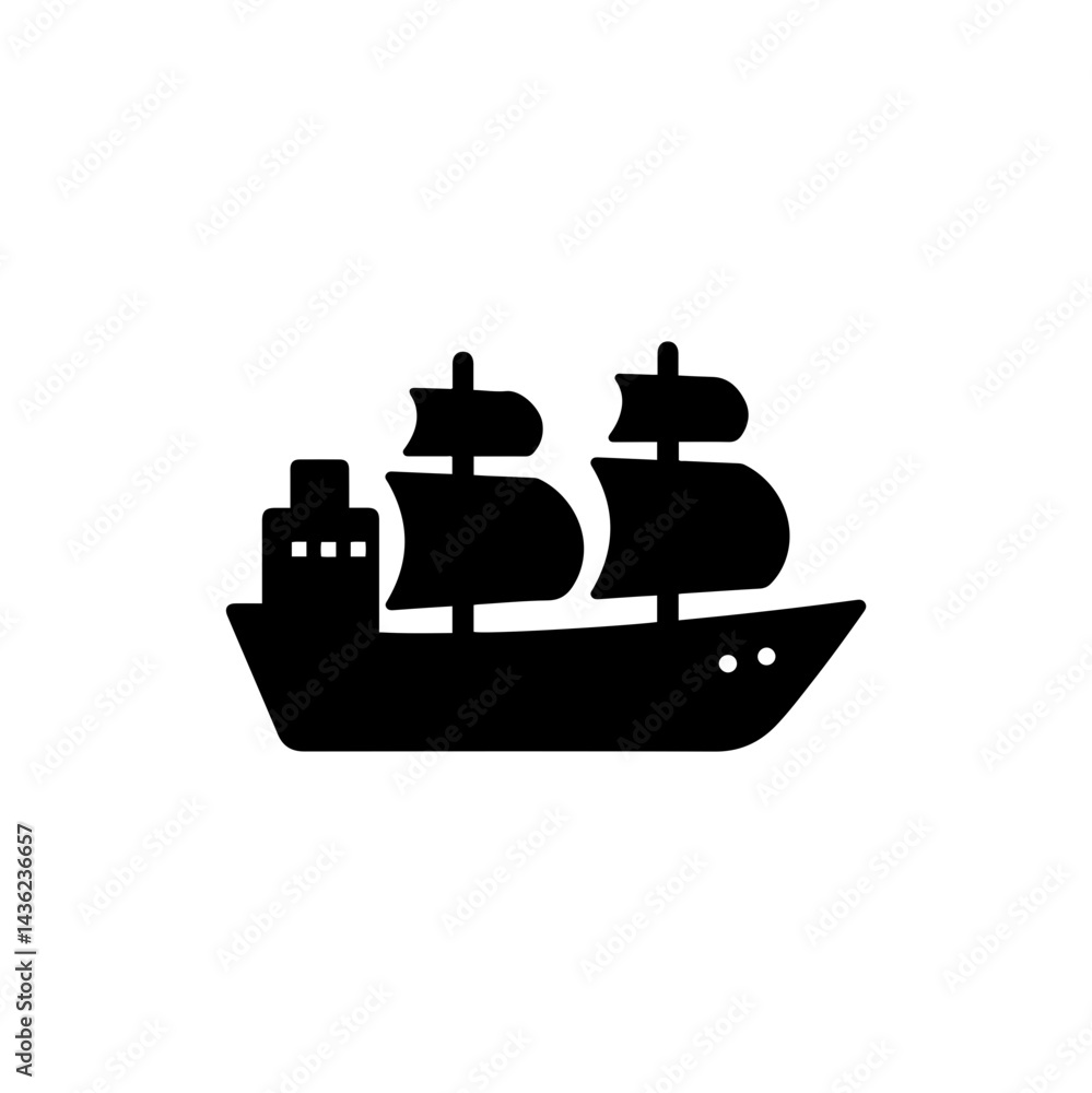 Clean Black Icon of a Cargo Ship with Visible Sails and Hull Design Clean Black Icon of a Cargo Ship with Visible Sails and Hull Design