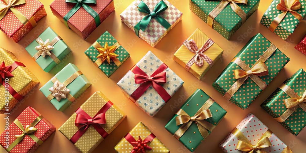 Fototapeta premium A Festive Collection of Wrapped Presents with Colorful Ribbons and Bows, Arranged in a Geometric Pattern on a Warm Background