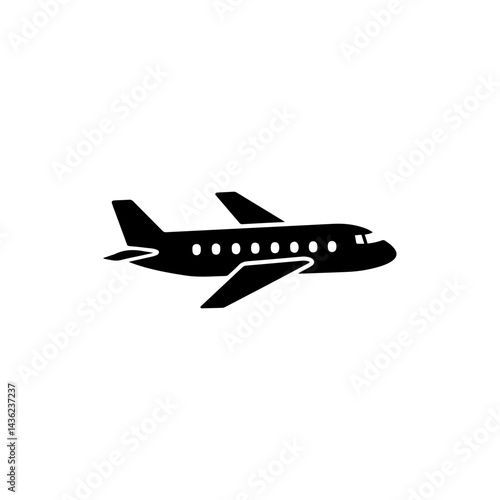 Solid Black Side View of a Commercial Airplane Icon with Detailed Wing Tips