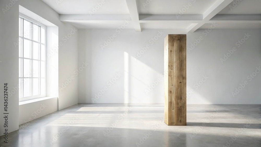 Fototapeta premium Bright Sunlight Illuminates a Minimalist Room Featuring a Single Wooden Column Centered on a Polished Concrete Floor
