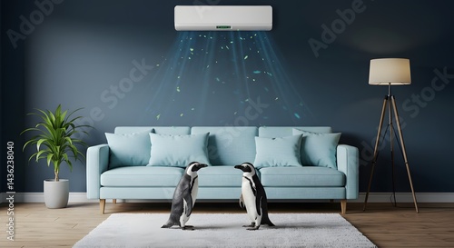 Penguins enjoying air conditioning in cozy living room