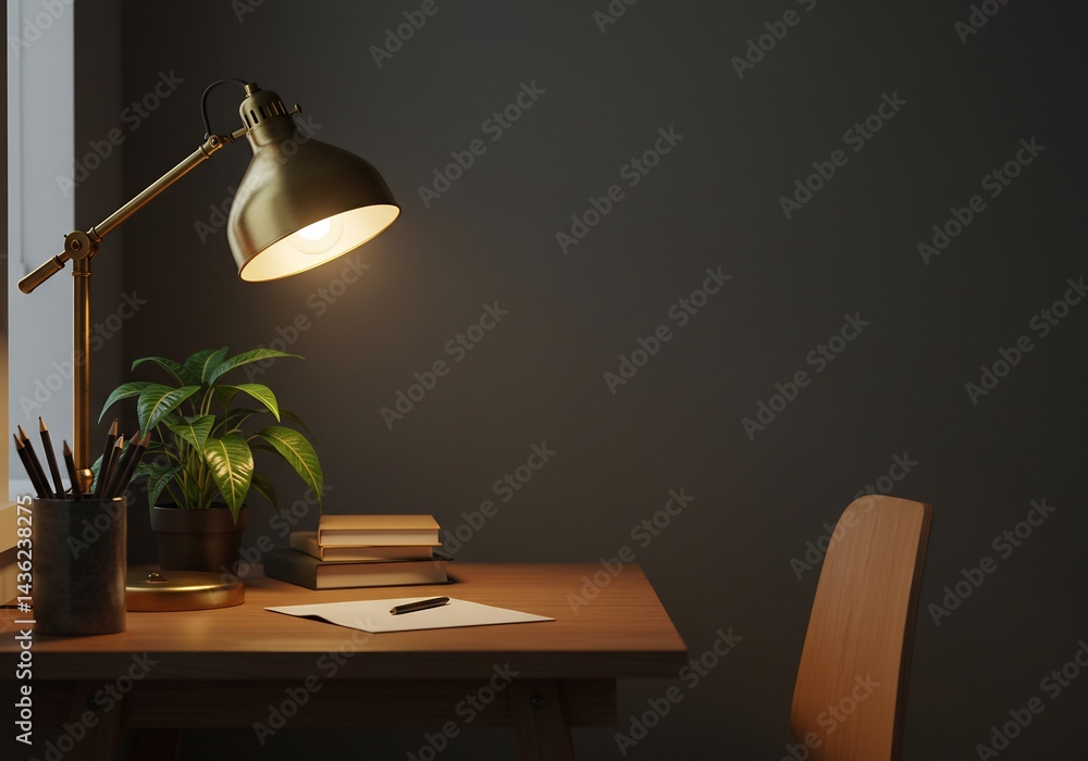 Obraz premium 静謐な書斎 温かい光と木目調デスク