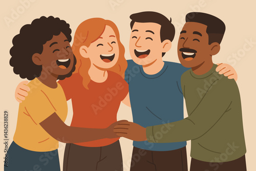 Multiethnic group of people joyfully embracing each other in flat style  