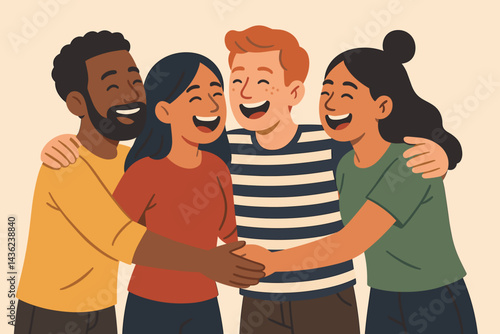 Multiethnic Group of Friends Joyfully Embracing Against Neutral Background  