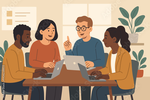Diverse Team Collaboration, Engaging Discussion, At a Work Table, In Flat Style  