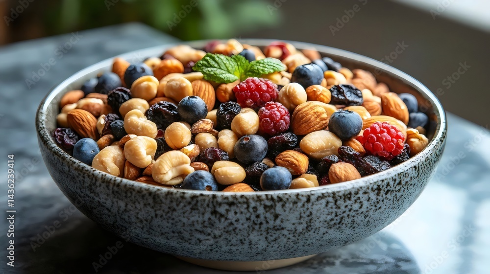 A vibrant bowl showcases a mix of nuts, juicy berries, and dried fruits, a perfect healthy treat. A vibrant bowl showcases a mix of nuts, juicy berries, and dried fruits, a perfect healthy treat.