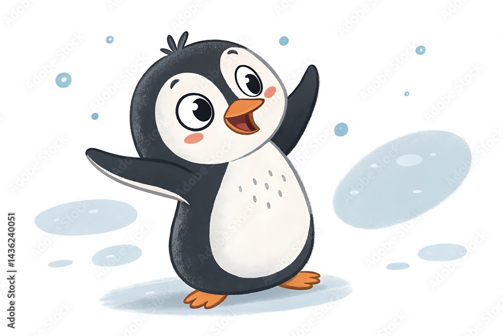 Fototapeta premium Cheerful Cartoon Penguin with Bright Orange Beak on White Background in Playful Minimalist Style