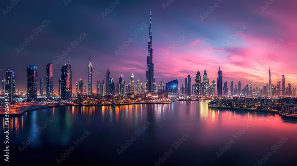 Obraz premium Dubai Skyline at Dusk: Vibrant Cityscape with Water Reflection, Modern Architecture, and Dramatic Pink Sky.