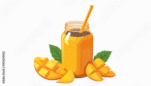 Vibrant mango smoothie in jar with chia seeds, refreshing delight