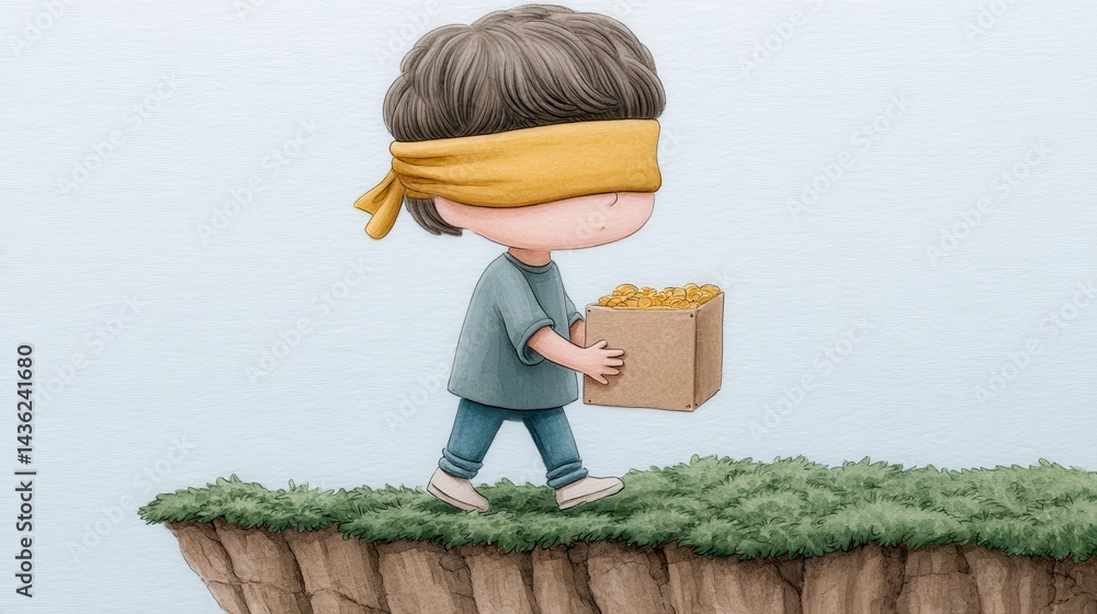 A person wearing blindfolds holding a golden chart, walking toward a cliff edge, symbolizing blinded investment decisions