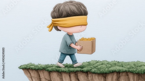 Obraz na płótnie A person wearing blindfolds holding a golden chart, walking toward a cliff edge, symbolizing blinded investment decisions w salonie