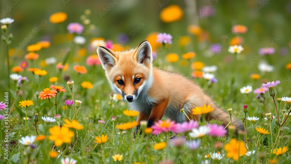 Adorable Red Fox Kit in a Vibrant Spring Meadow