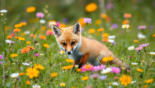 Obraz na płótnie Adorable Red Fox Kit in a Vibrant Spring Meadow w salonie