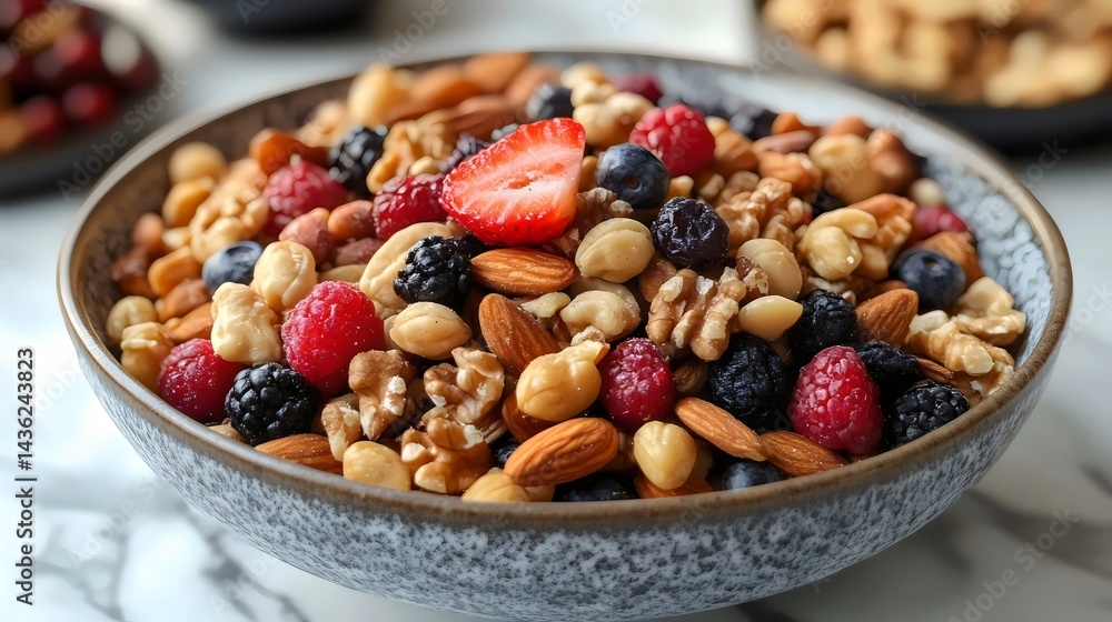 Vibrant bowl of mixed nuts and berries, a delicious and nutritious snack. Vibrant bowl of mixed nuts and berries, a delicious and nutritious snack.