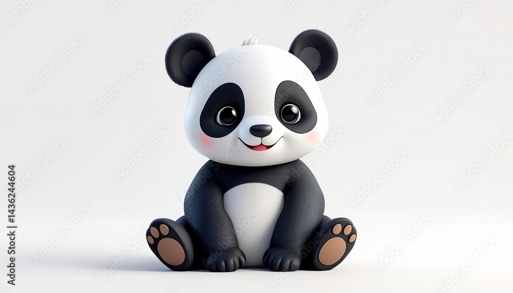 Fototapeta premium Adorable Panda Cub: A charming 3D rendering of a panda cub, sitting peacefully and smiling, exuding cuteness and joy.