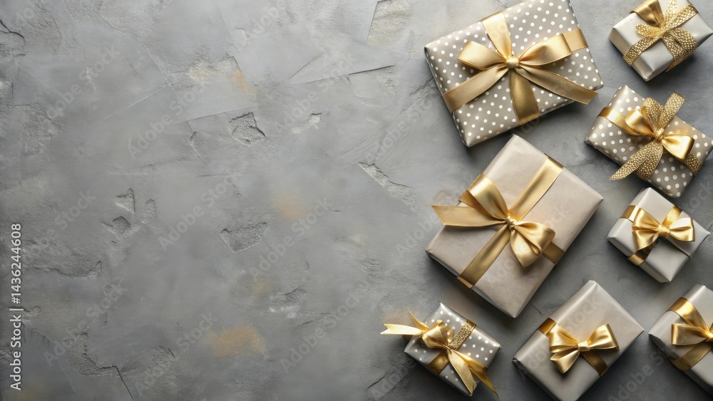 Elegant gifts arranged on a textured surface, showcasing luxurious golden ribbons and sophisticated wrapping Elegant gifts arranged on a textured surface, showcasing luxurious golden ribbons and sophisticated wrapping