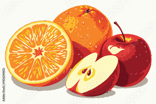 2 Vibrant fruit still life, Hyper-realistic oranges and apples, Water droplets on fruit skin, Bright colors, High contrast, Soft white background, Closeup photography, Studio lighting, Fresh and juicy