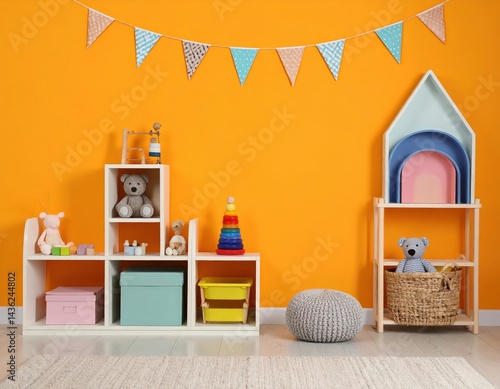 Wallpaper Mural Decorative kids’ room with toy shelves bunting and playful orange backdrop Torontodigital.ca