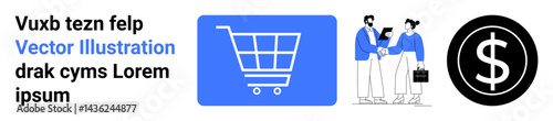 Businesspeople discussing strategy with documents, shopping cart icon, and dollar sign emblem. Ideal for teamwork, online shopping, business growth, finance, trade concepts, partnerships simple