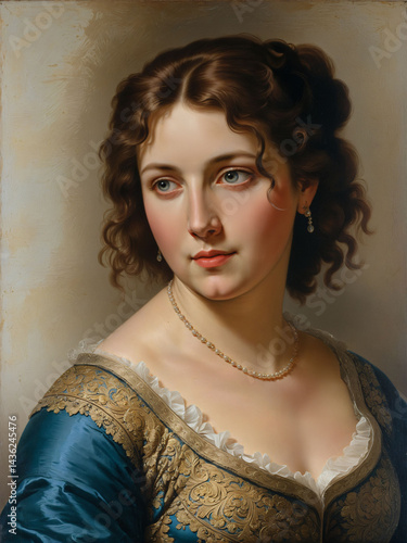Renaissance painting portrait of a Charming Young Woman in Blue and Gold Renaissance Gown, Classical Oil Painting Style