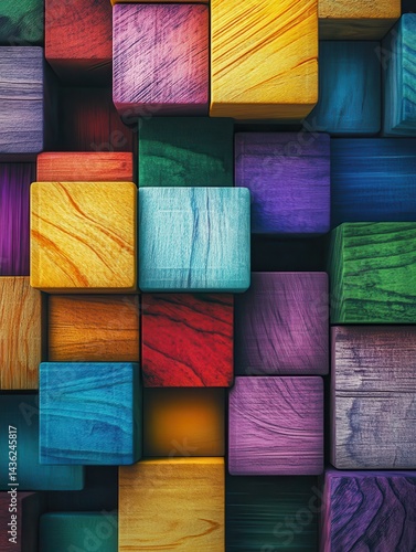 Vibrant Colorful Wooden Blocks Arranged in Abstract Pattern Art